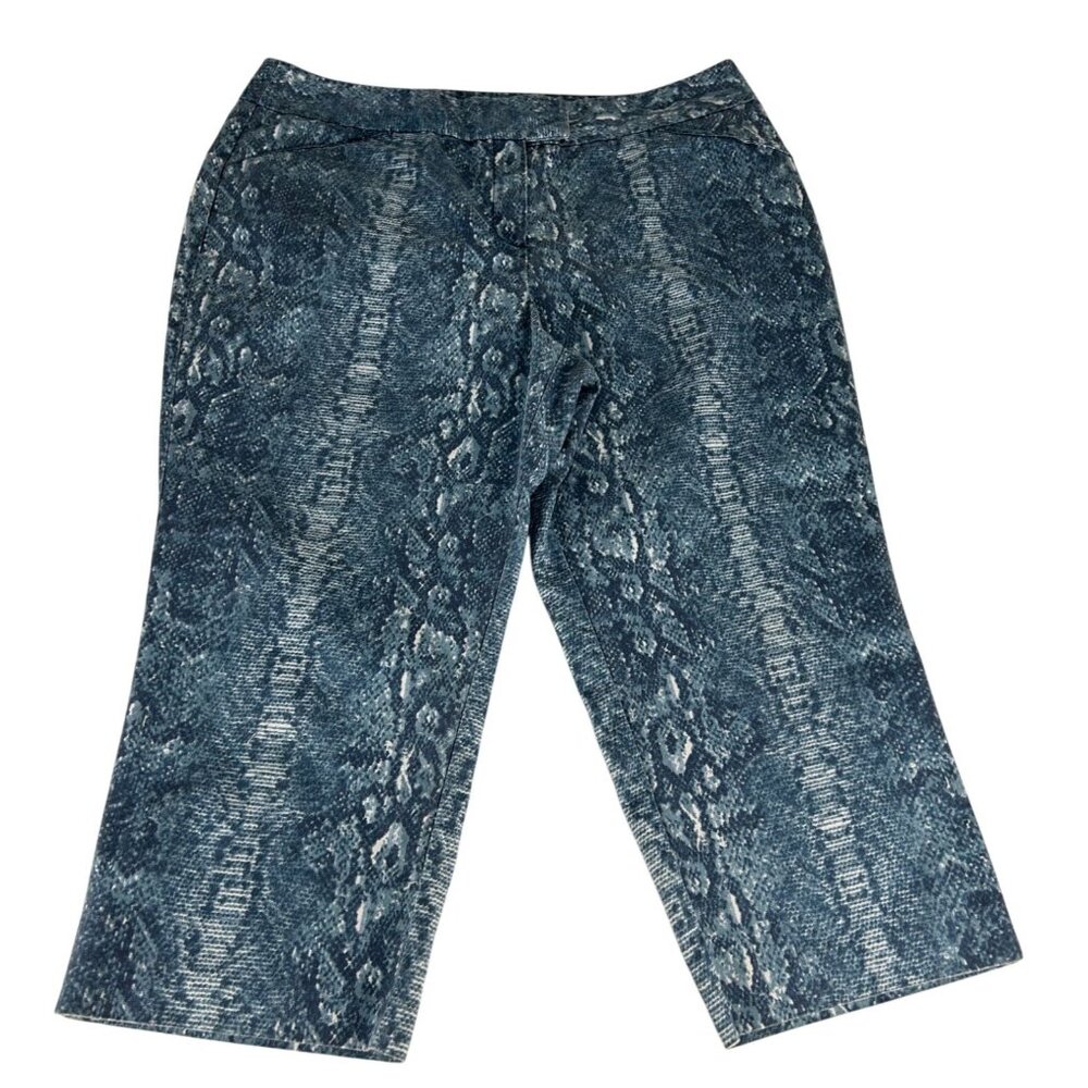 Zac & Rachel Snake Print Stretch Capris Pants Women 16 Blue Straight Leg Casual